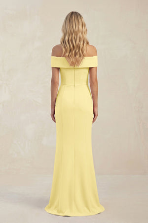 Sheath Off - the - Shoulder Satin Bridesmaid Dress With Slit in Buttercup - KISS BRIDAL Bridesmaid Dresses