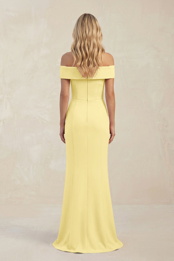 Sheath Off - the - Shoulder Satin Bridesmaid Dress With Slit in Buttercup - KISS BRIDAL Bridesmaid Dresses