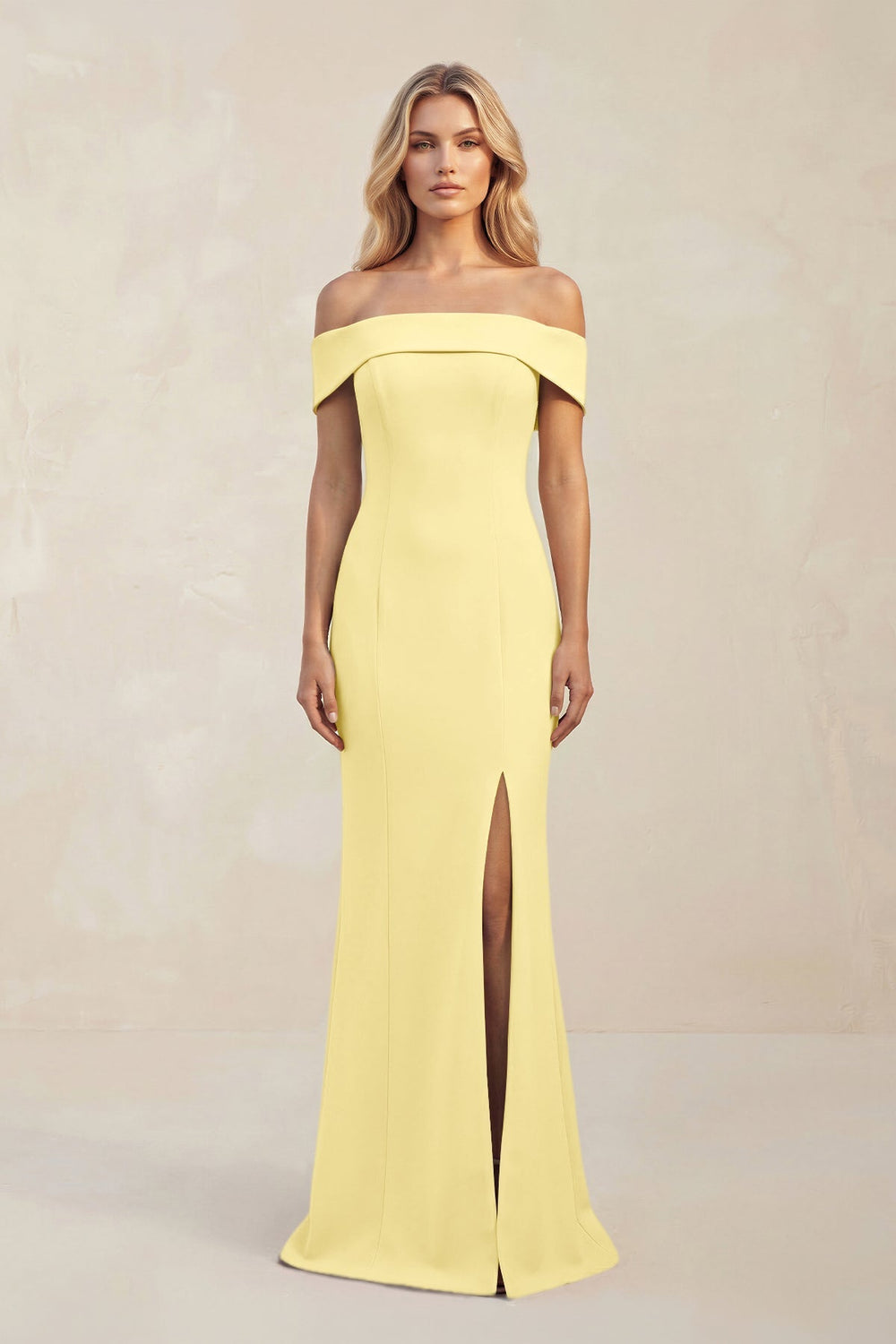 Sheath Off - the - Shoulder Satin Bridesmaid Dress With Slit in Buttercup - KISS BRIDAL Bridesmaid Dresses
