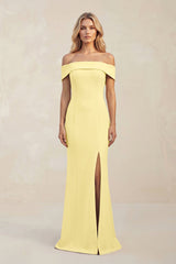 Sheath Off - the - Shoulder Satin Bridesmaid Dress With Slit in Buttercup - KISS BRIDAL Bridesmaid Dresses