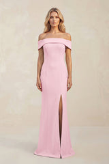 Sheath Off - the - Shoulder Satin Bridesmaid Dress With Slit in Candy Pink - KISS BRIDAL Bridesmaid Dresses
