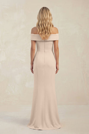 Sheath Off - the - Shoulder Satin Bridesmaid Dress With Slit in Champagne - KISS BRIDAL Bridesmaid Dresses