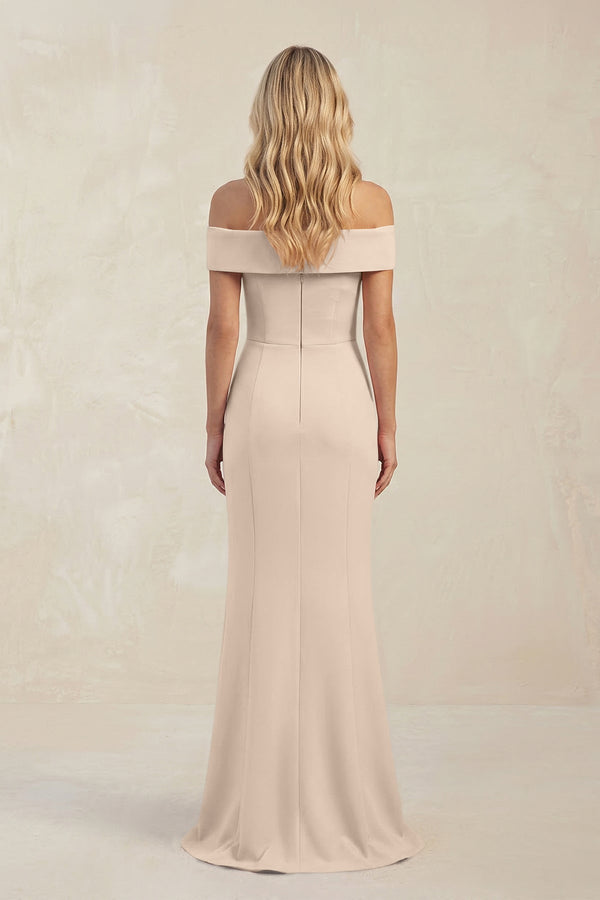 Sheath Off - the - Shoulder Satin Bridesmaid Dress With Slit in Champagne - KISS BRIDAL Bridesmaid Dresses
