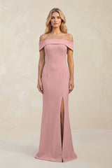 Sheath Off - the - Shoulder Satin Bridesmaid Dress With Slit in Champagne Rose - KISS BRIDAL Bridesmaid Dresses