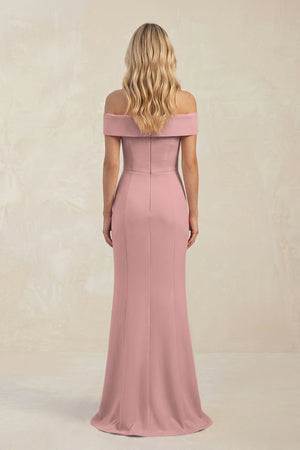 Sheath Off - the - Shoulder Satin Bridesmaid Dress With Slit in Champagne Rose - KISS BRIDAL Bridesmaid Dresses