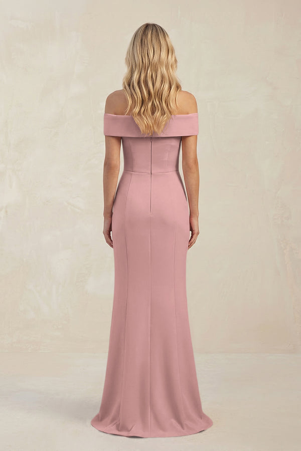 Sheath Off - the - Shoulder Satin Bridesmaid Dress With Slit in Champagne Rose - KISS BRIDAL Bridesmaid Dresses