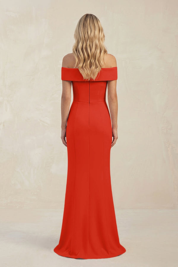 Sheath Off - the - Shoulder Satin Bridesmaid Dress With Slit in Cinnamon - KISS BRIDAL Bridesmaid Dresses
