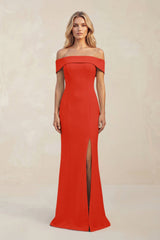 Sheath Off - the - Shoulder Satin Bridesmaid Dress With Slit in Cinnamon - KISS BRIDAL Bridesmaid Dresses