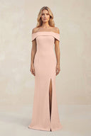 Sheath Off - the - Shoulder Satin Bridesmaid Dress With Slit in Coral Pink - KISS BRIDAL Bridesmaid Dresses