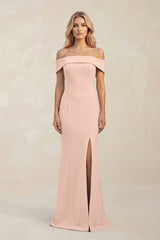 Sheath Off - the - Shoulder Satin Bridesmaid Dress With Slit in Coral Pink - KISS BRIDAL Bridesmaid Dresses