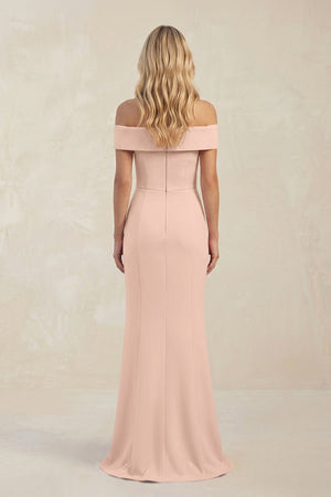 Sheath Off - the - Shoulder Satin Bridesmaid Dress With Slit in Coral Pink - KISS BRIDAL Bridesmaid Dresses