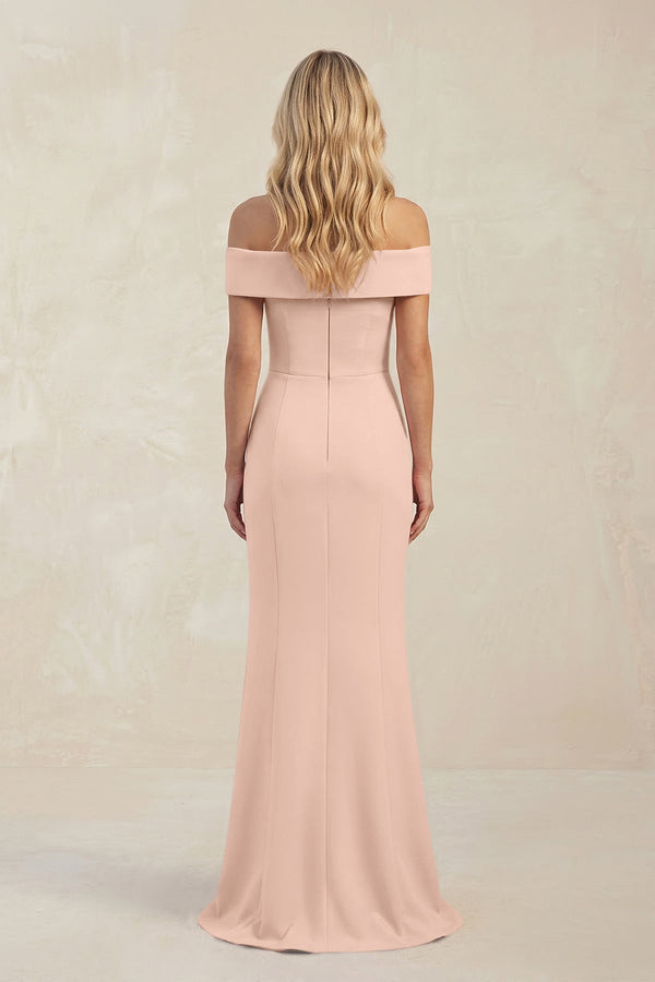 Sheath Off - the - Shoulder Satin Bridesmaid Dress With Slit in Coral Pink - KISS BRIDAL Bridesmaid Dresses