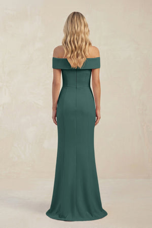 Sheath Off - the - Shoulder Satin Bridesmaid Dress With Slit in Dark Green - KISS BRIDAL Bridesmaid Dresses