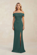 Sheath Off - the - Shoulder Satin Bridesmaid Dress With Slit in Dark Green - KISS BRIDAL Bridesmaid Dresses