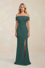 Sheath Off - the - Shoulder Satin Bridesmaid Dress With Slit in Dark Green - KISS BRIDAL Bridesmaid Dresses