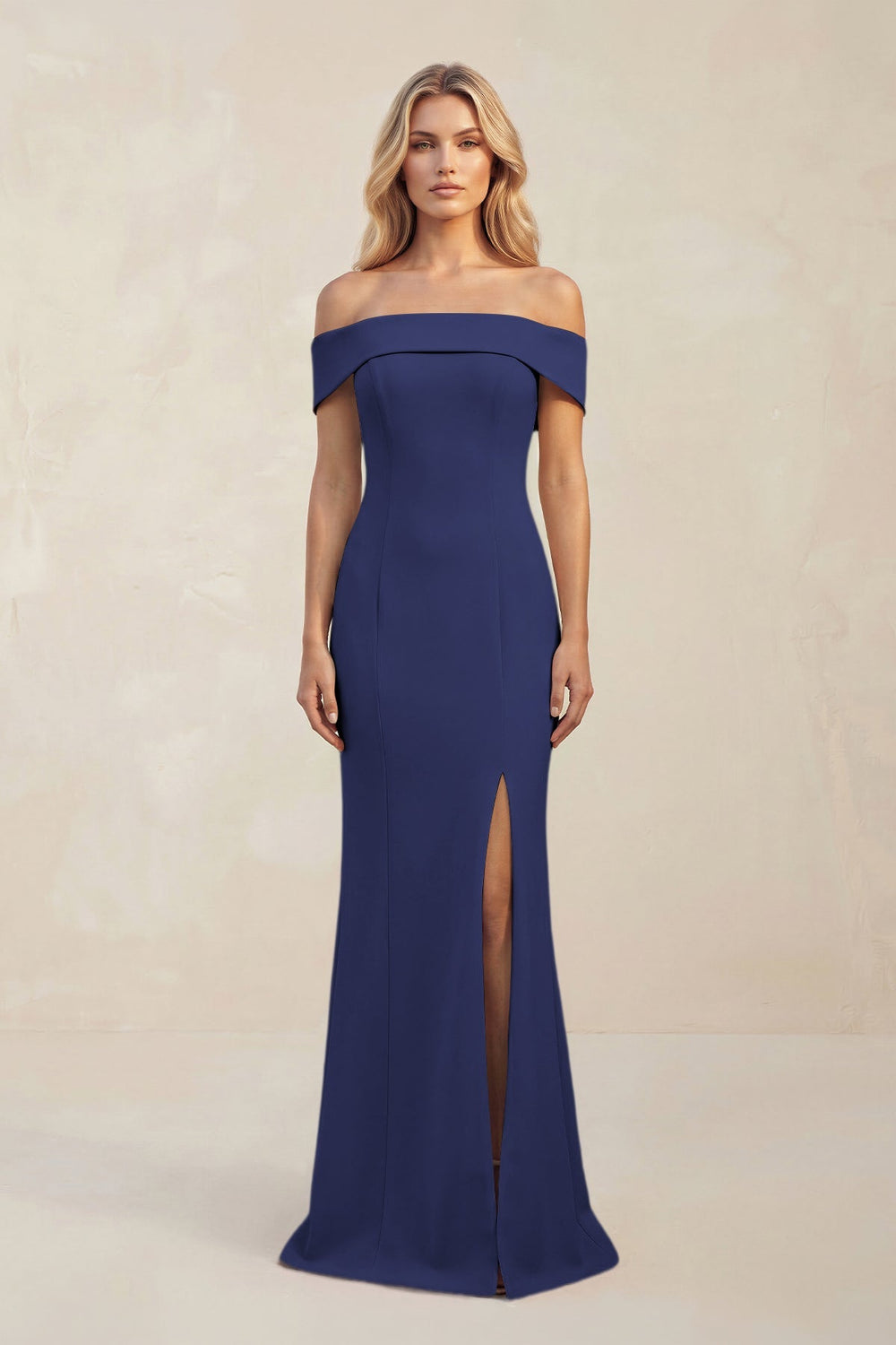 Sheath Off - the - Shoulder Satin Bridesmaid Dress With Slit in Dark Navy - KISS BRIDAL Bridesmaid Dresses