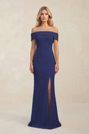 Sheath Off - the - Shoulder Satin Bridesmaid Dress With Slit in Dark Navy - KISS BRIDAL Bridesmaid Dresses