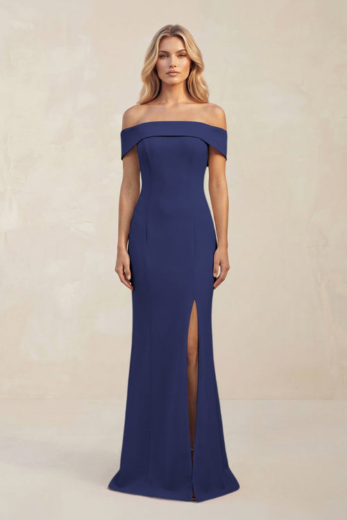 Sheath Off - the - Shoulder Satin Bridesmaid Dress With Slit in Dark Navy - KISS BRIDAL Bridesmaid Dresses