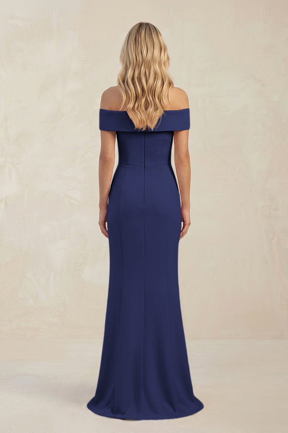 Sheath Off - the - Shoulder Satin Bridesmaid Dress With Slit in Dark Navy - KISS BRIDAL Bridesmaid Dresses
