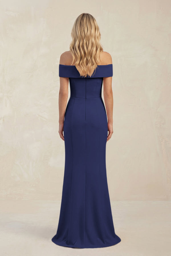 Sheath Off - the - Shoulder Satin Bridesmaid Dress With Slit in Dark Navy - KISS BRIDAL Bridesmaid Dresses