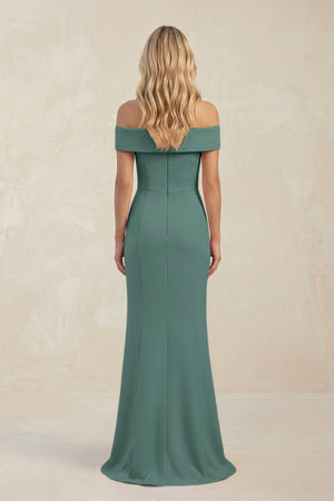 Sheath Off - the - Shoulder Satin Bridesmaid Dress With Slit in Dark Teal - KISS BRIDAL Bridesmaid Dresses