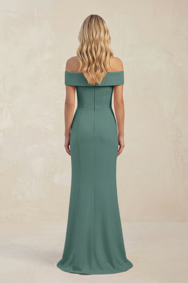 Sheath Off - the - Shoulder Satin Bridesmaid Dress With Slit in Dark Teal - KISS BRIDAL Bridesmaid Dresses