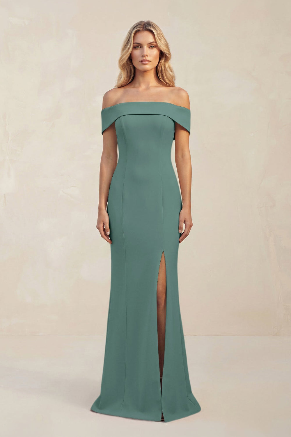 Sheath Off - the - Shoulder Satin Bridesmaid Dress With Slit in Dark Teal - KISS BRIDAL Bridesmaid Dresses