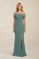 Sheath Off - the - Shoulder Satin Bridesmaid Dress With Slit in Dark Teal - KISS BRIDAL Bridesmaid Dresses