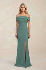 Sheath Off - the - Shoulder Satin Bridesmaid Dress With Slit in Dark Teal - KISS BRIDAL Bridesmaid Dresses