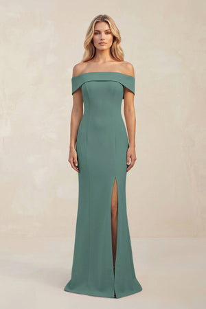 Sheath Off - the - Shoulder Satin Bridesmaid Dress With Slit in Dark Teal - KISS BRIDAL Bridesmaid Dresses