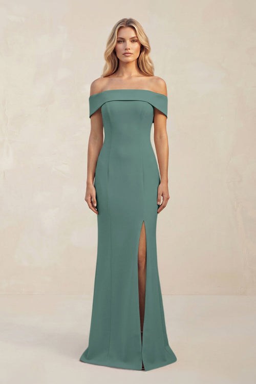 Sheath Off - the - Shoulder Satin Bridesmaid Dress With Slit in Dark Teal - KISS BRIDAL Bridesmaid Dresses