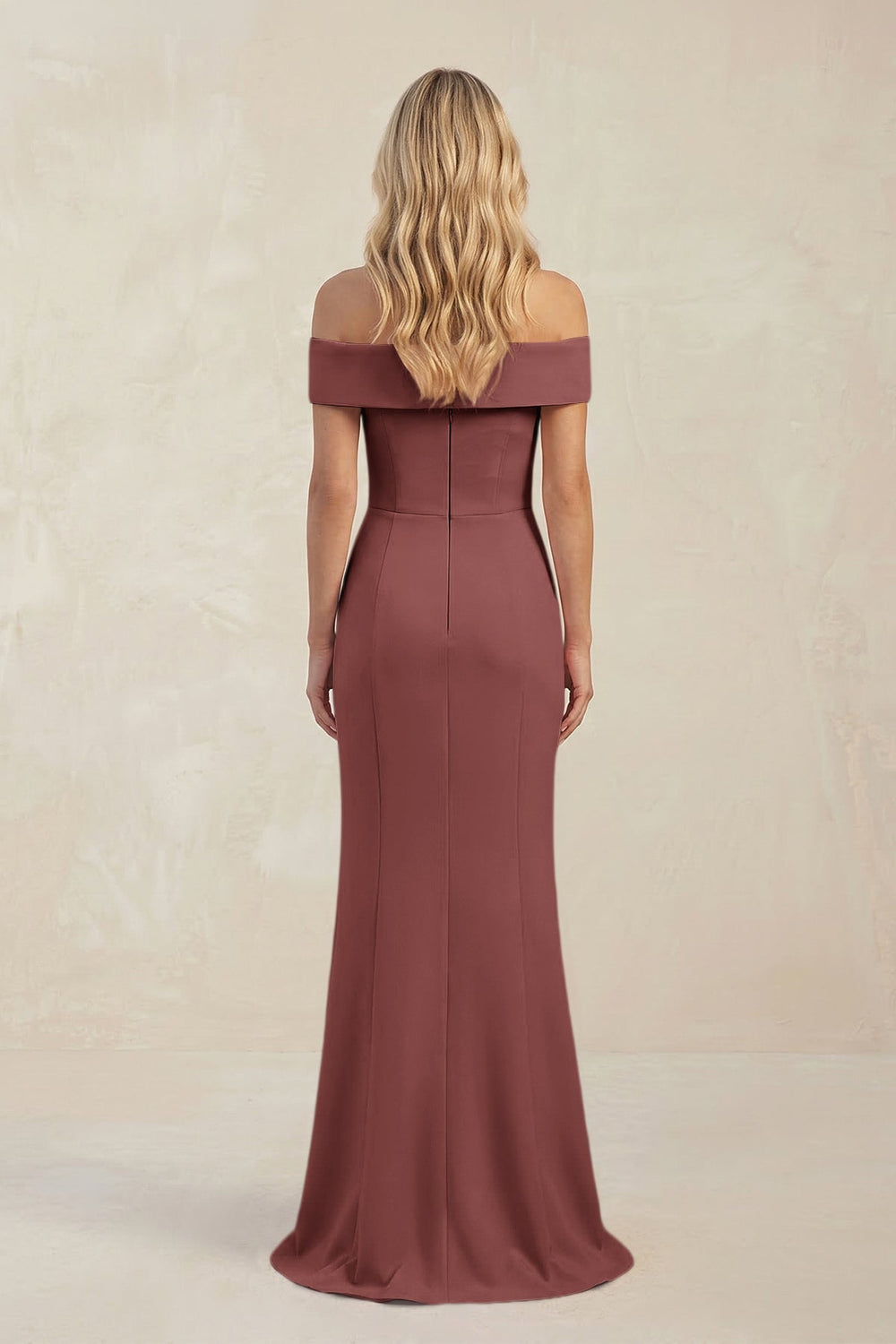 Sheath Off - the - Shoulder Satin Bridesmaid Dress With Slit in Desert Rose - KISS BRIDAL Bridesmaid Dresses