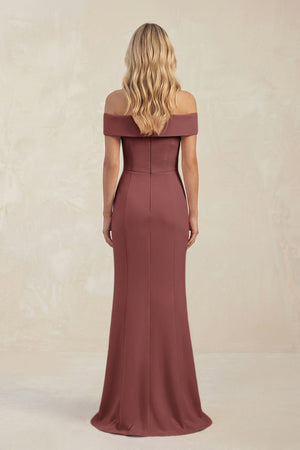 Sheath Off - the - Shoulder Satin Bridesmaid Dress With Slit in Desert Rose - KISS BRIDAL Bridesmaid Dresses