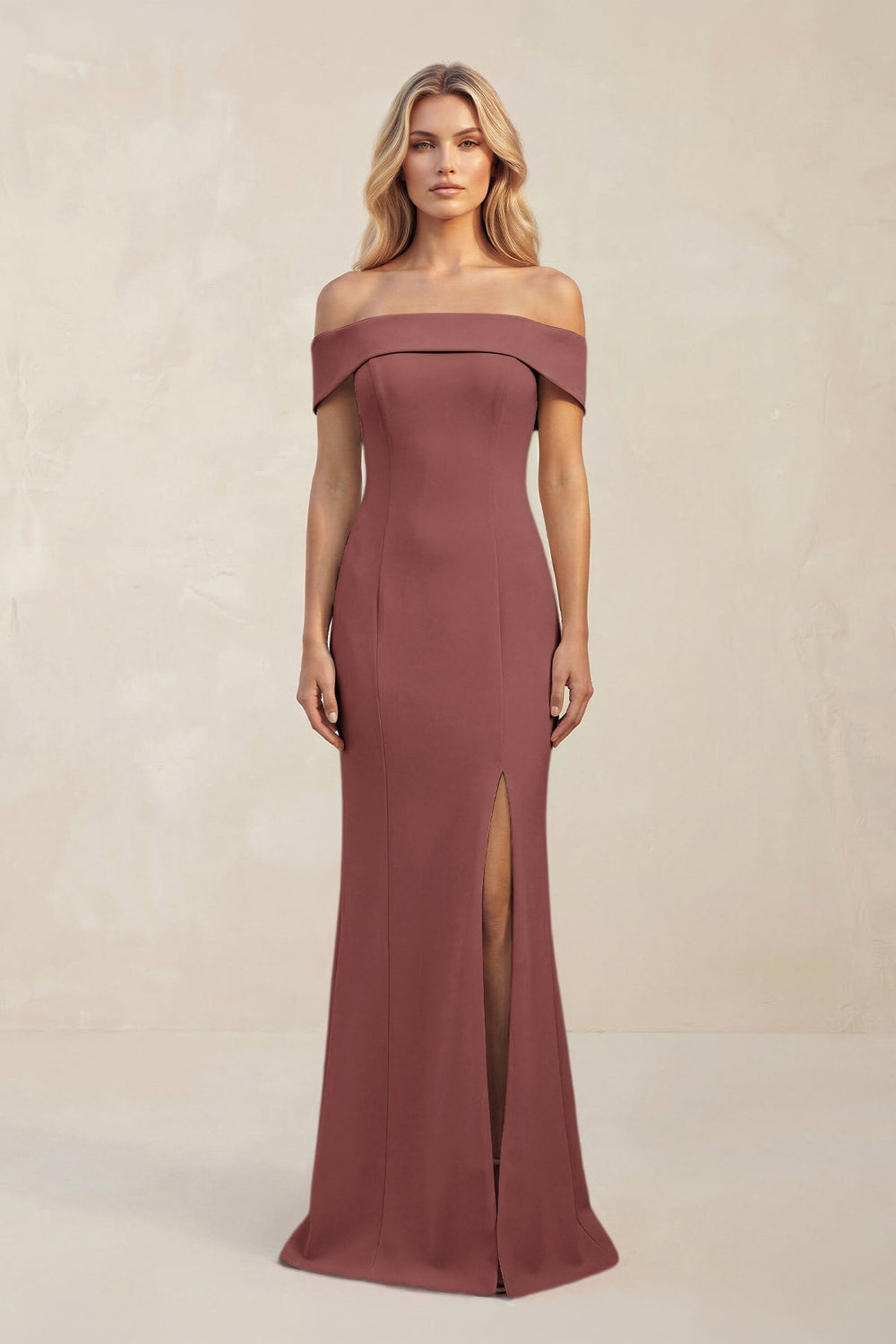 Sheath Off - the - Shoulder Satin Bridesmaid Dress With Slit in Desert Rose - KISS BRIDAL Bridesmaid Dresses