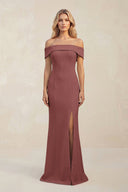 Sheath Off - the - Shoulder Satin Bridesmaid Dress With Slit in Desert Rose - KISS BRIDAL Bridesmaid Dresses