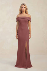 Sheath Off - the - Shoulder Satin Bridesmaid Dress With Slit in Desert Rose - KISS BRIDAL Bridesmaid Dresses