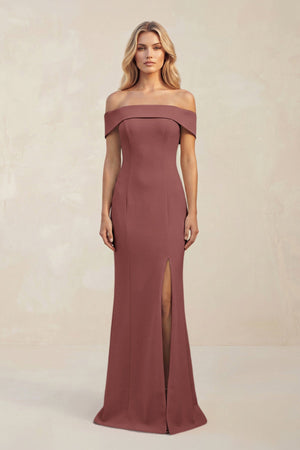 Sheath Off - the - Shoulder Satin Bridesmaid Dress With Slit in Desert Rose - KISS BRIDAL Bridesmaid Dresses