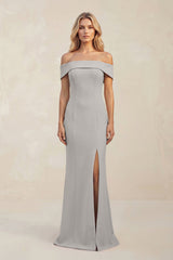 Sheath Off - the - Shoulder Satin Bridesmaid Dress With Slit in Dove Gray - KISS BRIDAL Bridesmaid Dresses