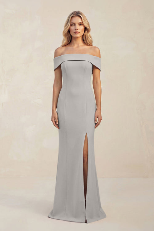 Sheath Off - the - Shoulder Satin Bridesmaid Dress With Slit in Dove Gray - KISS BRIDAL Bridesmaid Dresses