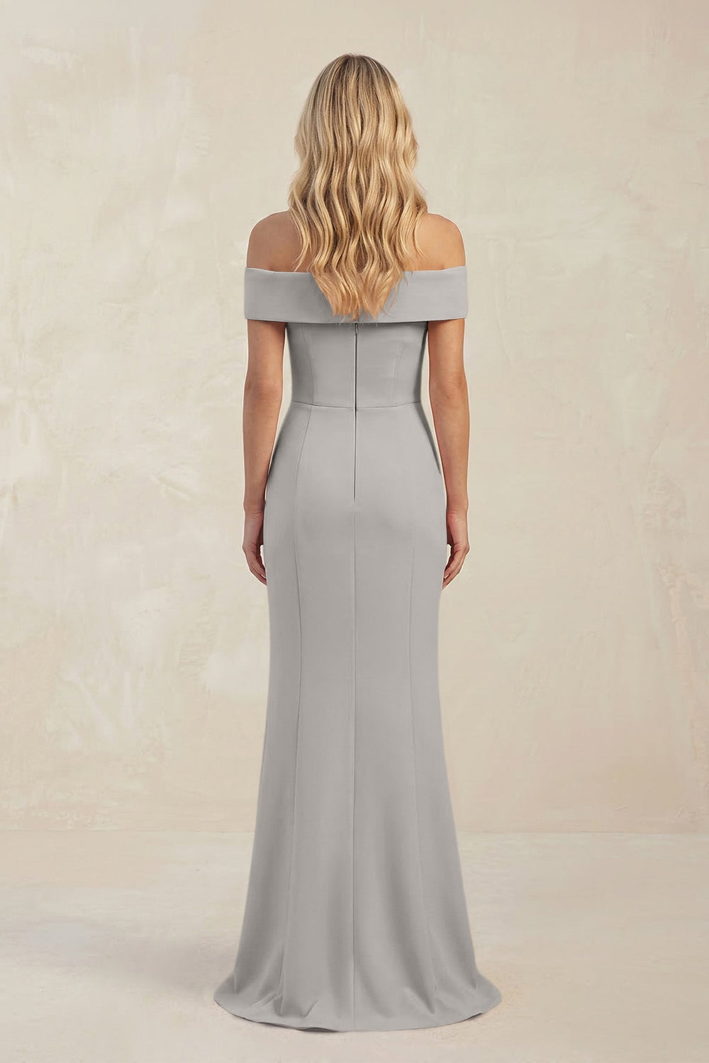 Sheath Off - the - Shoulder Satin Bridesmaid Dress With Slit in Dove Gray - KISS BRIDAL Bridesmaid Dresses