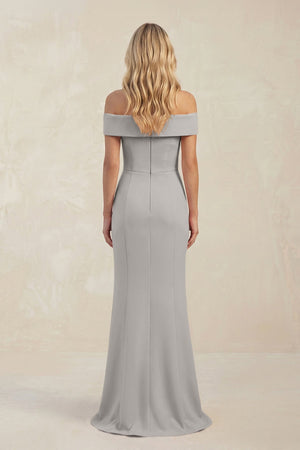 Sheath Off - the - Shoulder Satin Bridesmaid Dress With Slit in Dove Gray - KISS BRIDAL Bridesmaid Dresses