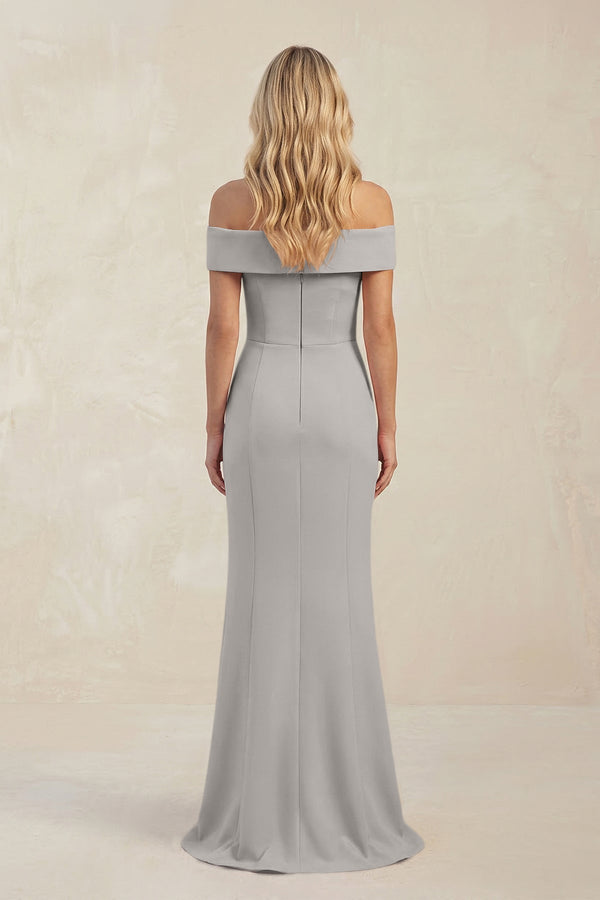 Sheath Off - the - Shoulder Satin Bridesmaid Dress With Slit in Dove Gray - KISS BRIDAL Bridesmaid Dresses