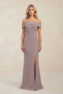 Sheath Off - the - Shoulder Satin Bridesmaid Dress With Slit in Dusk - KISS BRIDAL Bridesmaid Dresses
