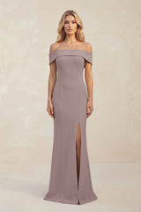 Sheath Off - the - Shoulder Satin Bridesmaid Dress With Slit in Dusk - KISS BRIDAL Bridesmaid Dresses