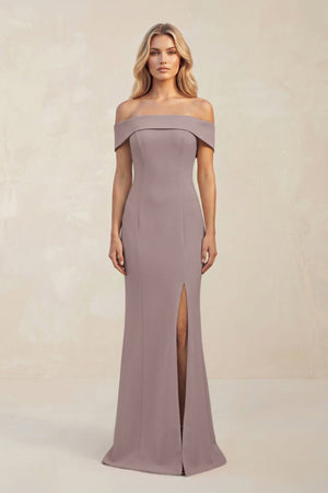 Sheath Off - the - Shoulder Satin Bridesmaid Dress With Slit in Dusk - KISS BRIDAL Bridesmaid Dresses