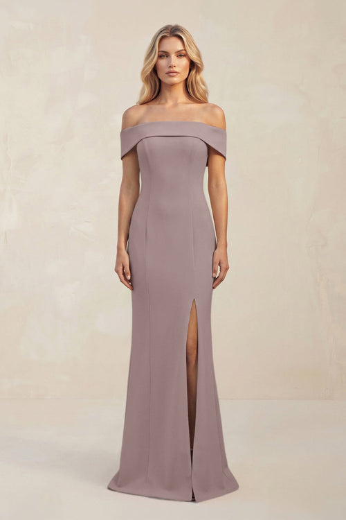 Sheath Off - the - Shoulder Satin Bridesmaid Dress With Slit in Dusk - KISS BRIDAL Bridesmaid Dresses