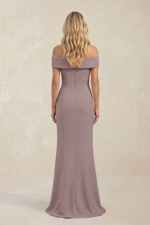 Sheath Off - the - Shoulder Satin Bridesmaid Dress With Slit in Dusk - KISS BRIDAL Bridesmaid Dresses