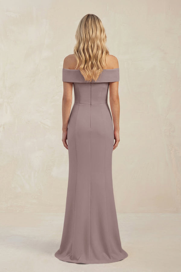Sheath Off - the - Shoulder Satin Bridesmaid Dress With Slit in Dusk - KISS BRIDAL Bridesmaid Dresses