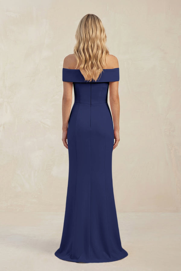 Sheath Off - the - Shoulder Satin Bridesmaid Dress With Slit in Dusk Blue - KISS BRIDAL Bridesmaid Dresses