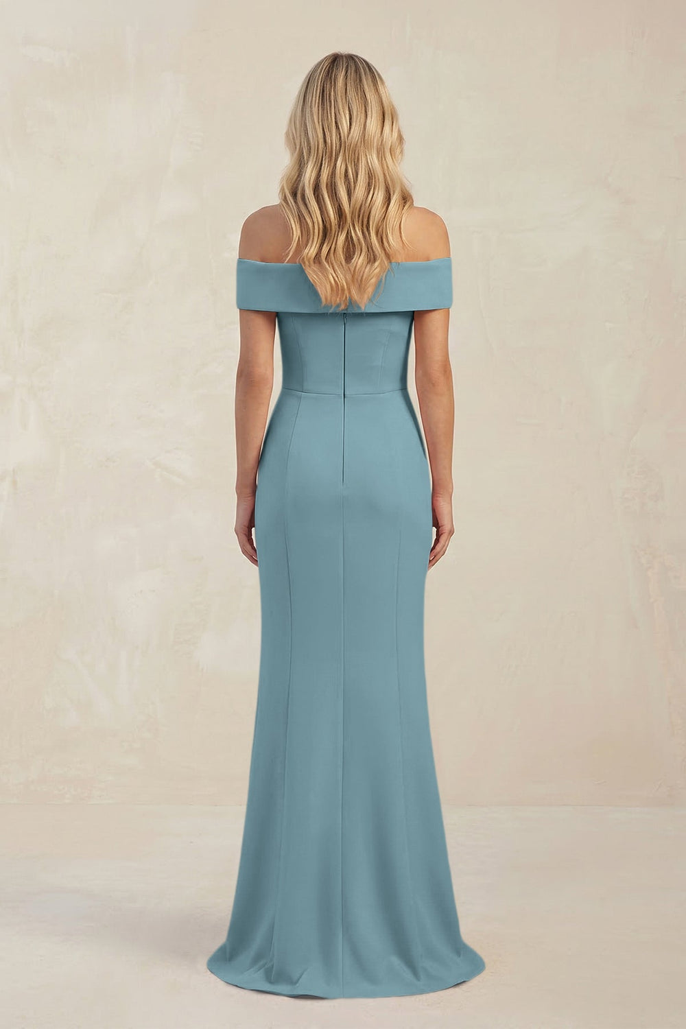 Sheath Off - the - Shoulder Satin Bridesmaid Dress With Slit in Dusty Blue - KISS BRIDAL Bridesmaid Dresses